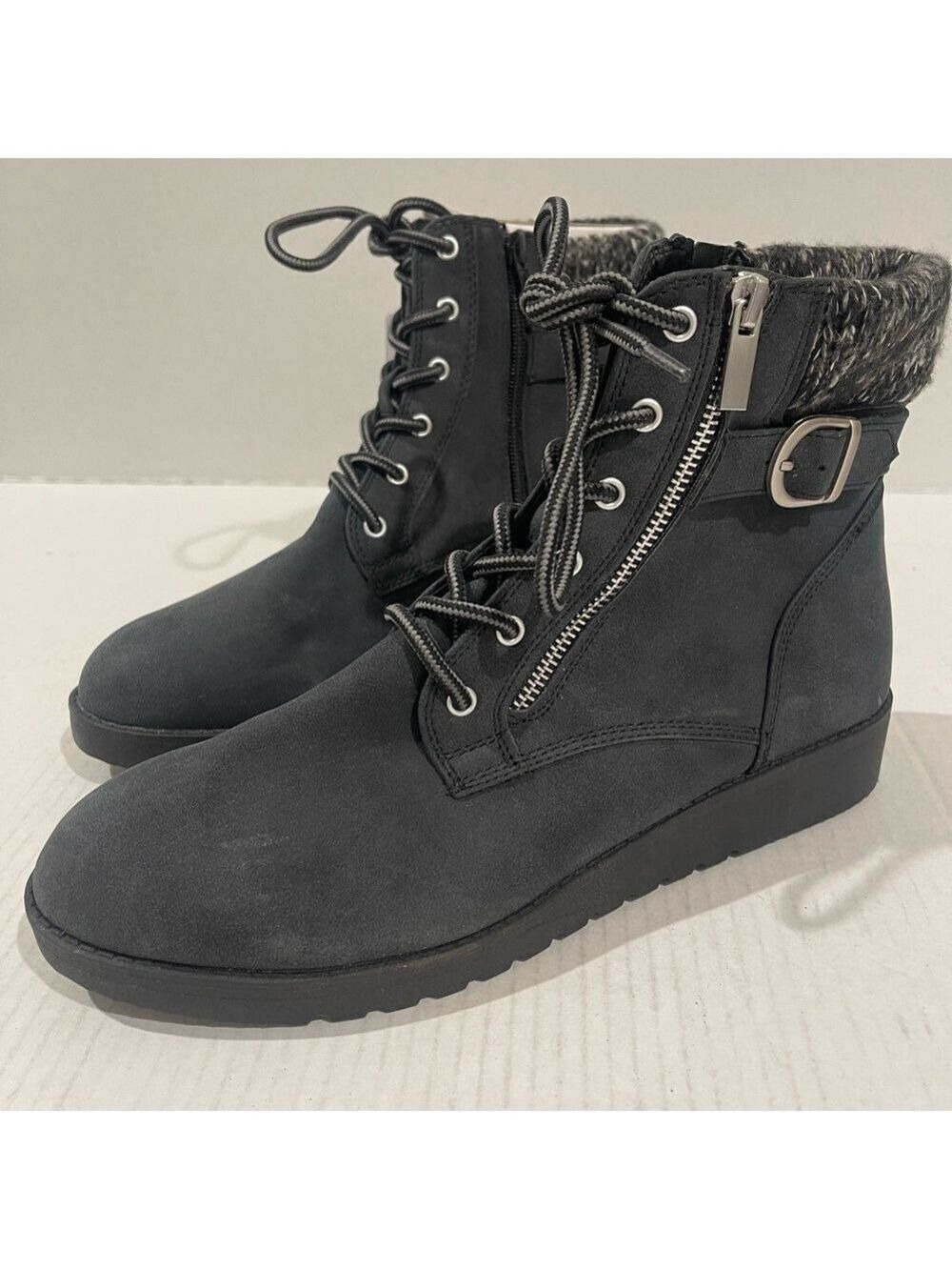 St. John's Bay Black Lace-Up Boots with Faux Fur Trim Size 11 US!